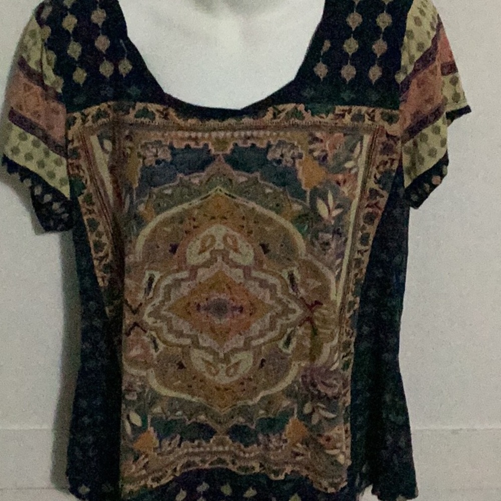 Lucky Brand Navy Multi Boho Scoop Neck Tee Size 1X